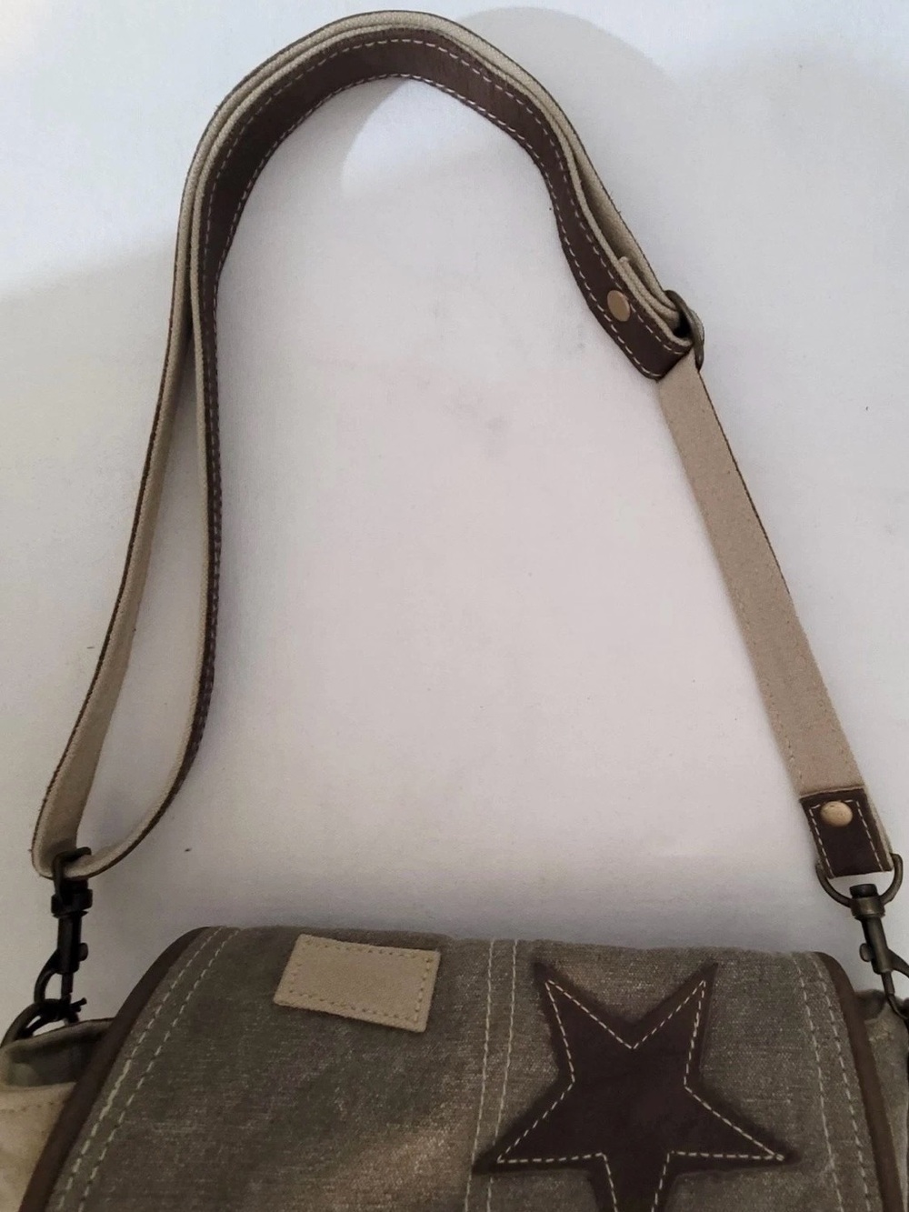 Myra Bag Canvas Leather Star Brown Trim Shoulder Bag Khaki Taupe - Picture 9 of 16